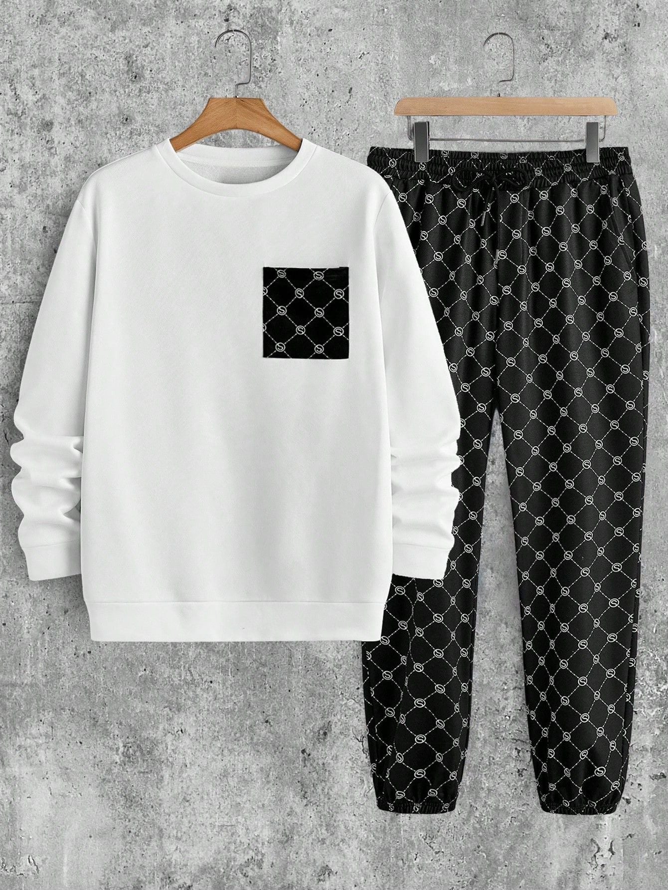 Conjunto Masculino Moletom Com Bolso E Estampa Geométrica Branco / PP Conjunto Masculino Moletom Com Bolso E Estampa