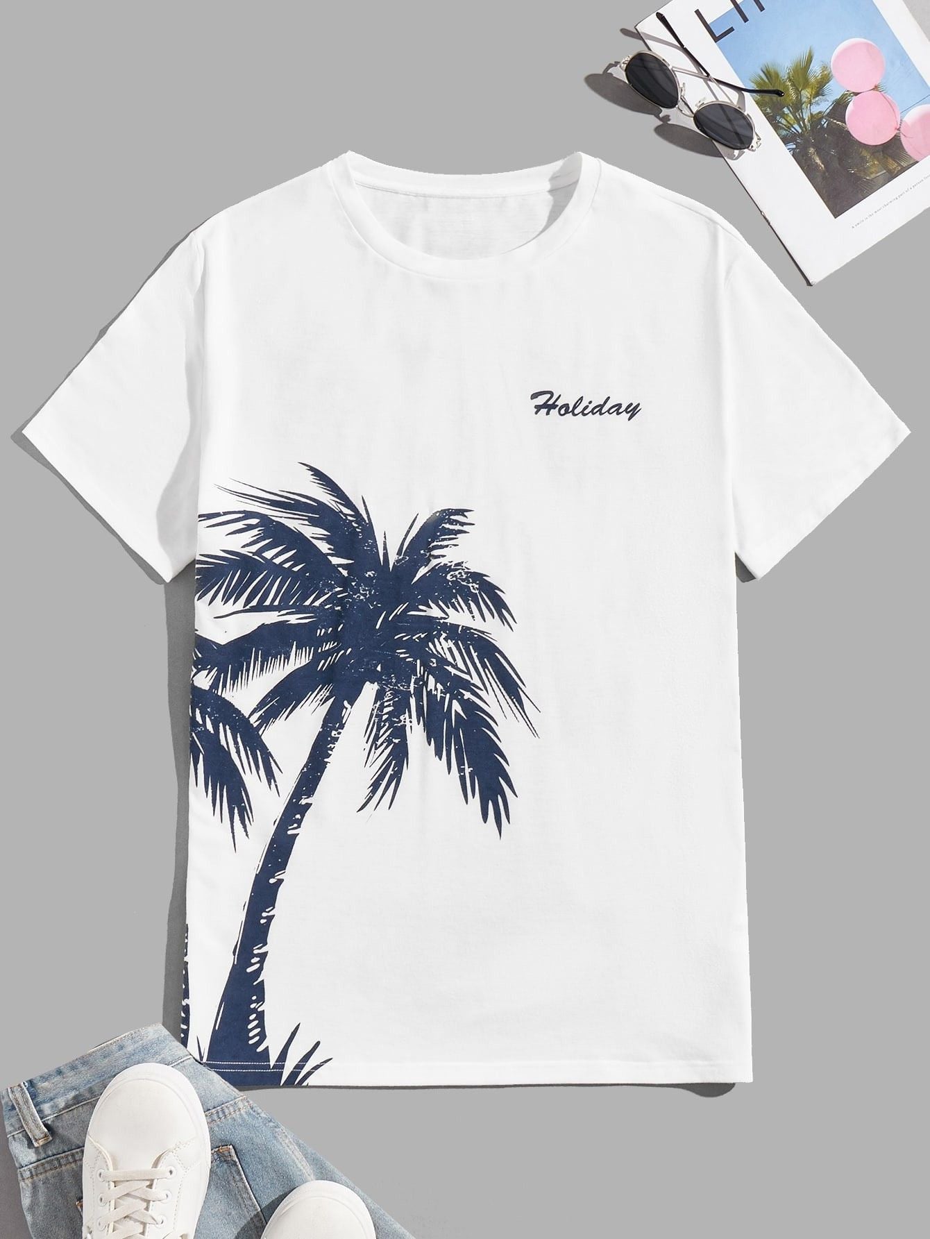 Camiseta Masculina Estampa De Palmeira Escrita Holiday Branco / PP Camiseta Masculina Estampa De Palmeira Escrita