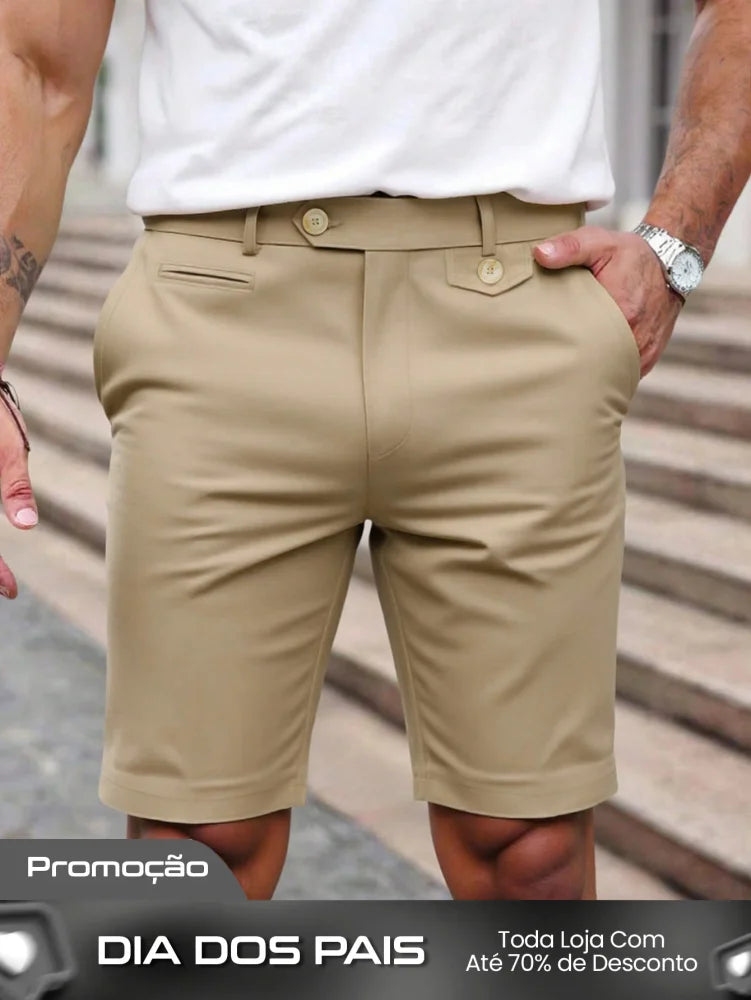 Bermuda Masculina Alfaiatada Com Botões Decorativos Bege / PP Bermuda Masculina Alfaiatada Com Botões Decorativos