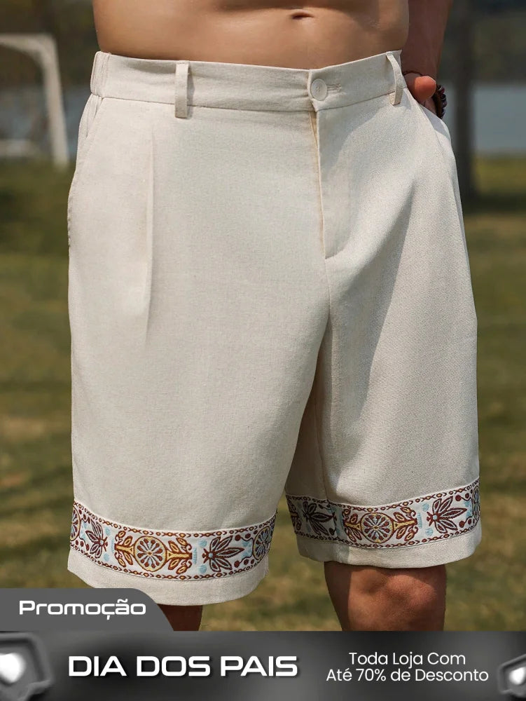Bermuda Masculina Com Barra Bordada E Estilo Sofisticado Bege / PP Bermuda Masculina Com Barra Bordada E Estilo