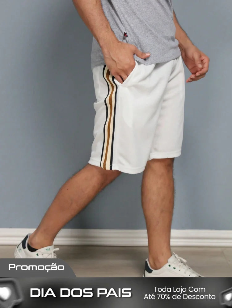 Bermuda Masculina Com Listras Laterais E Estilo Esportivo Branco / PP Bermuda Masculina Com Listras Laterais E Estilo