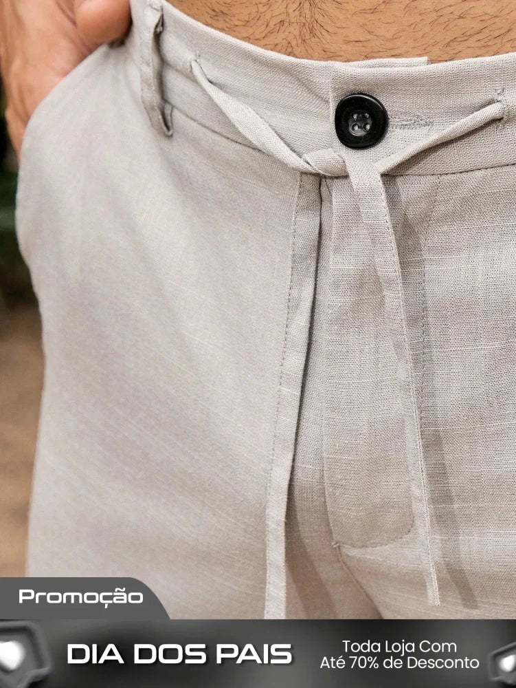 Bermuda Masculina De Linho Com Cintura Ajustável Elegante Bermuda Masculina De Linho Com Cintura Ajustável Elegante