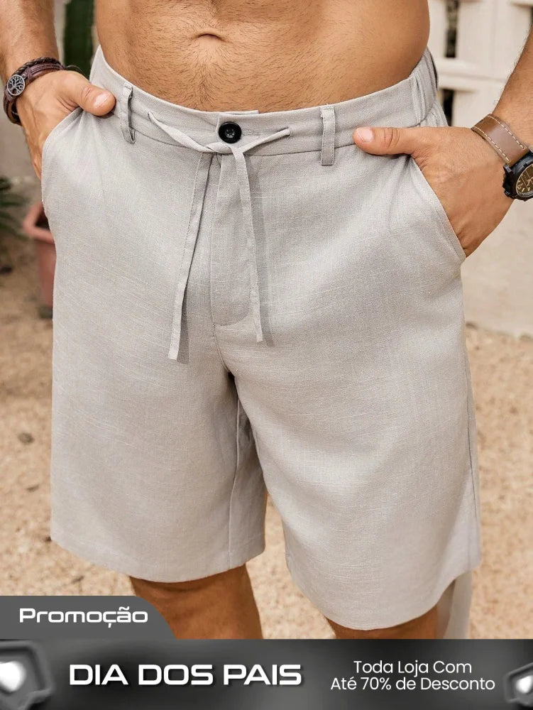 Bermuda Masculina De Linho Com Cintura Ajustável Elegante Bege / PP Bermuda Masculina De Linho Com Cintura Ajustável