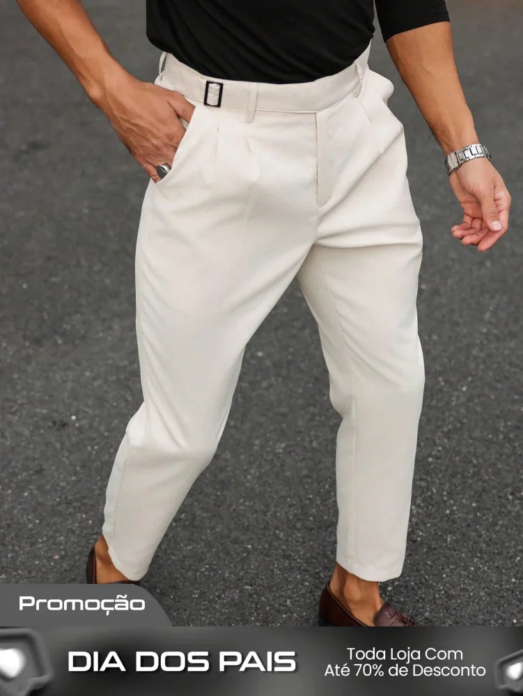 Calça Masculina Alfaiataria Com Cintura Alta E Pregas Frontais Bege / PP Calça Masculina Alfaiataria Com Cintura Alta E