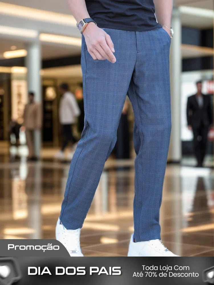 Calça Masculina Alfaiataria Slim Fit Com Estampa Pied Poule Moderna Calça Masculina Alfaiataria Slim Fit Com Estampa