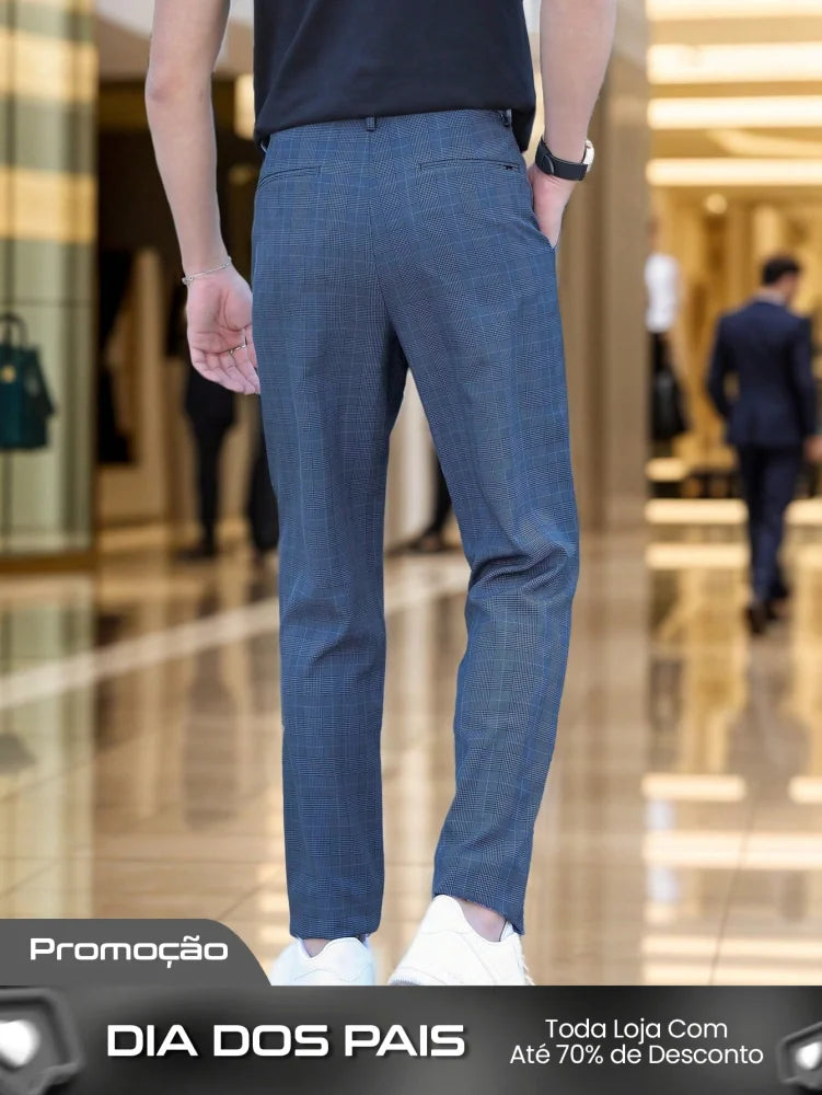 Calça Masculina Alfaiataria Slim Fit Com Estampa Pied Poule Moderna Calça Masculina Alfaiataria Slim Fit Com Estampa