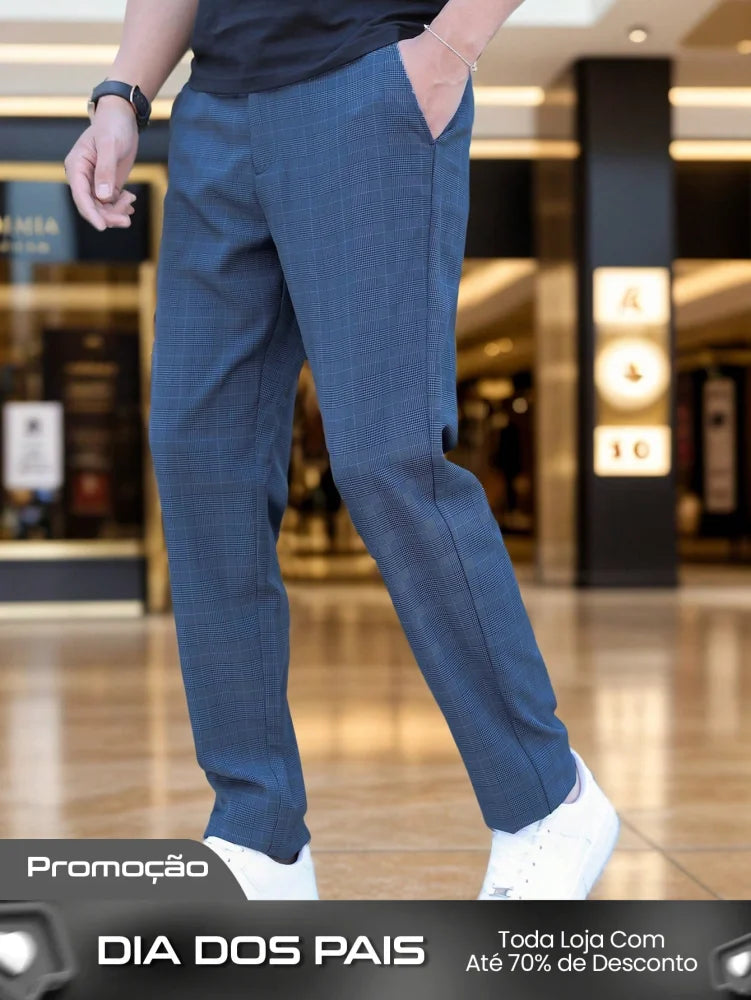 Calça Masculina Alfaiataria Slim Fit Com Estampa Pied Poule Moderna Calça Masculina Alfaiataria Slim Fit Com Estampa