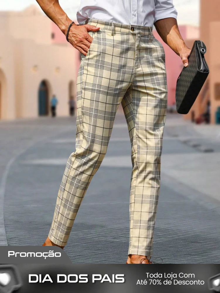 Calça Masculina Alfaiataria Slim Fit Com Estampa Xadrez Tradicional Caqui / PP Calça Masculina Alfaiataria Slim Fit Com