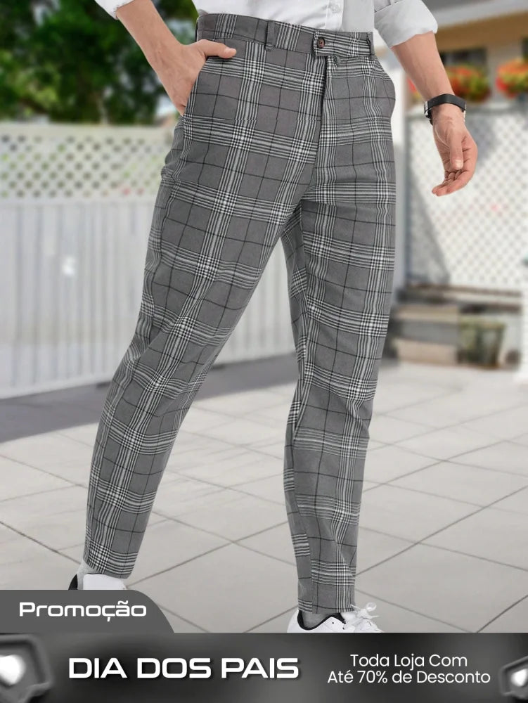 Calça Masculina Alfaiataria Slim Fit Com Estampa Xadrez Tradicional Cinza / PP Calça Masculina Alfaiataria Slim Fit Com