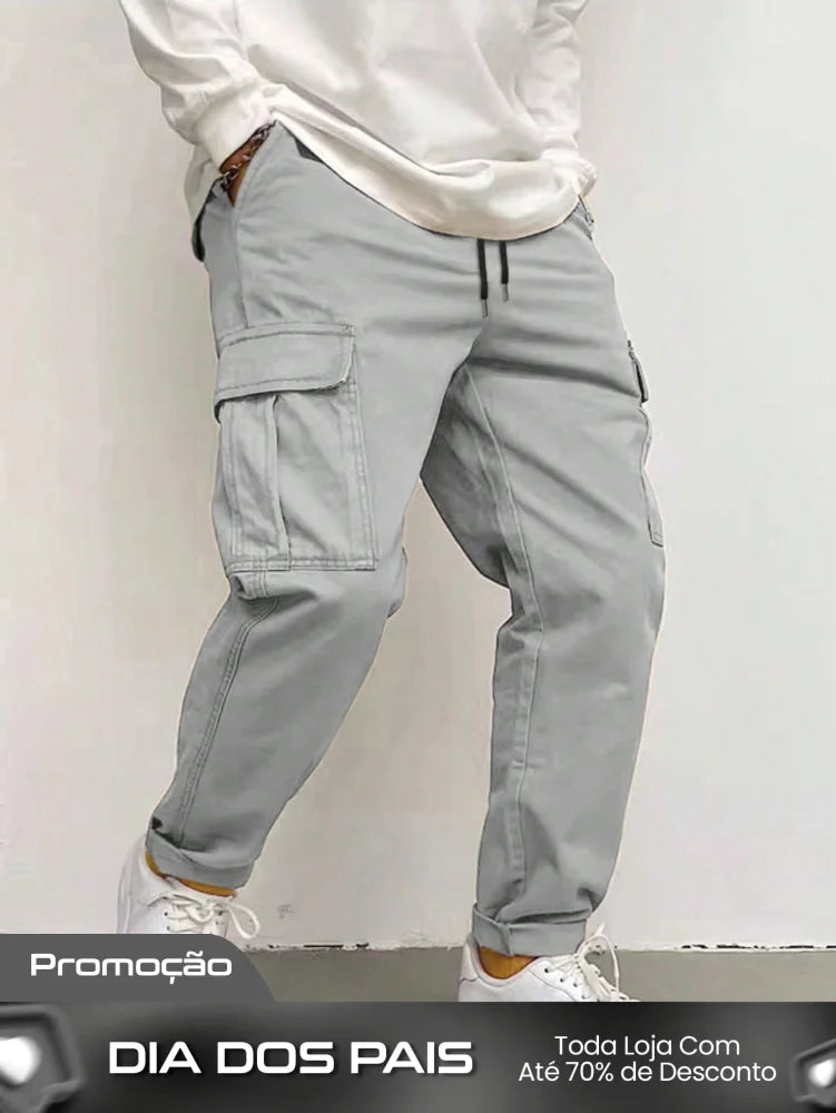 Calça Masculina Cargo Com Bolsos Laterais E Punho Ajustável Calça Masculina Cargo Com Bolsos Laterais E Punho Ajustável