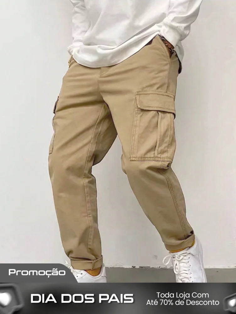 Calça Masculina Cargo Com Bolsos Laterais E Punho Ajustável Caqui / PP Calça Masculina Cargo Com Bolsos Laterais E