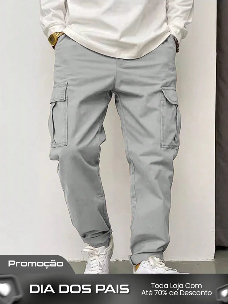 Calça Masculina Cargo Com Bolsos Laterais E Punho Ajustável Cinza Claro / PP Calça Masculina Cargo Com Bolsos Laterais