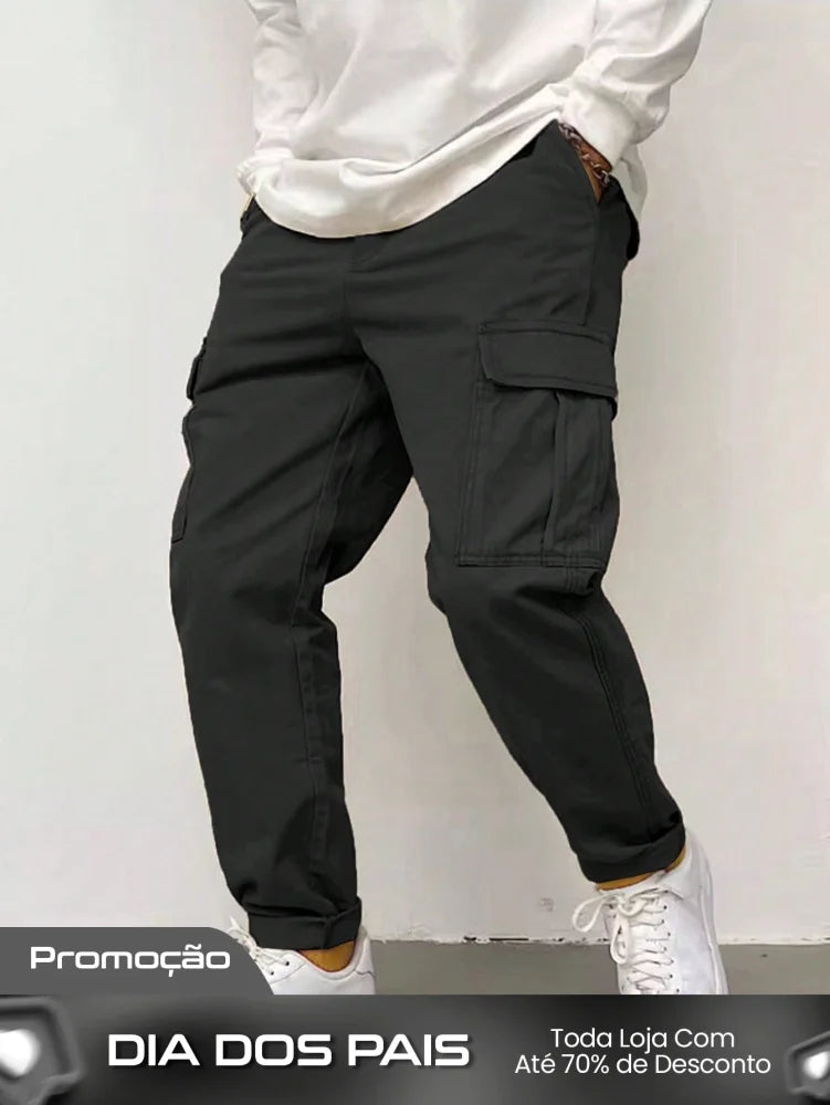 Calça Masculina Cargo Com Bolsos Laterais E Punho Ajustável Preto / PP Calça Masculina Cargo Com Bolsos Laterais E