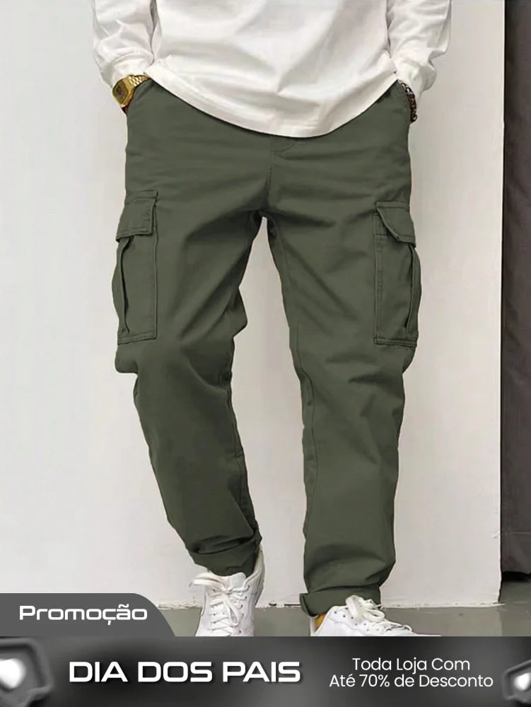 Calça Masculina Cargo Com Bolsos Laterais E Punho Ajustável Verde Militar / PP Calça Masculina Cargo Com Bolsos