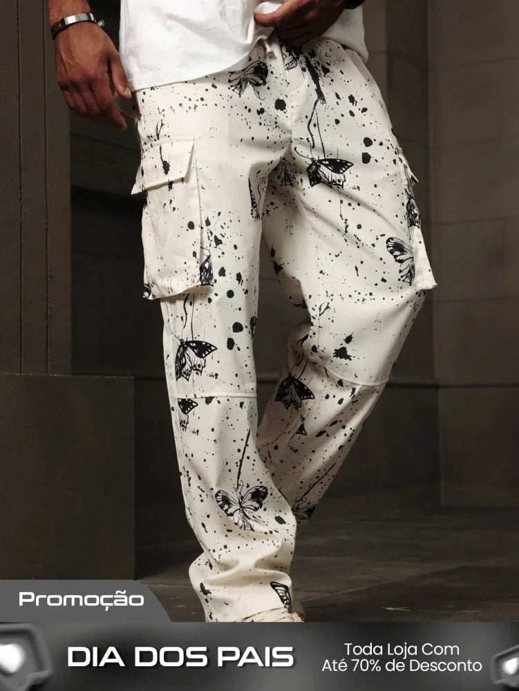 Calça Masculina Cargo Estampada Com Estilo Street Exclusivo Branco / PP Calça Masculina Cargo Estampada Com Estilo