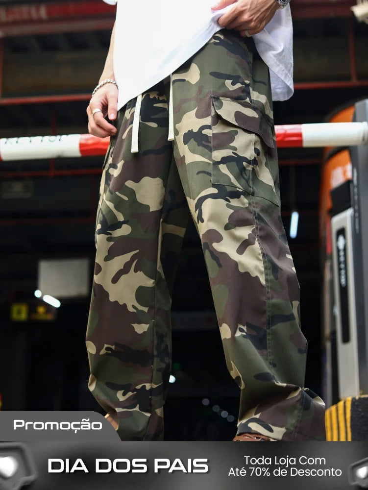 Calça Masculina Cargo Solta Estampa Camuflada Bolsos Sobrepostos Verde Militar / PP Calça Masculina Cargo Solta Estampa