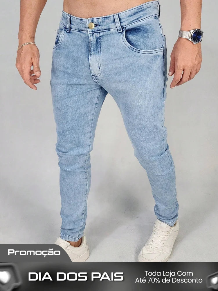 Calça Masculina Jeans Slim Fit Com Lavagem Clara E Design Básico Lavagem Clara / PP Calça Masculina Jeans Slim Fit Com