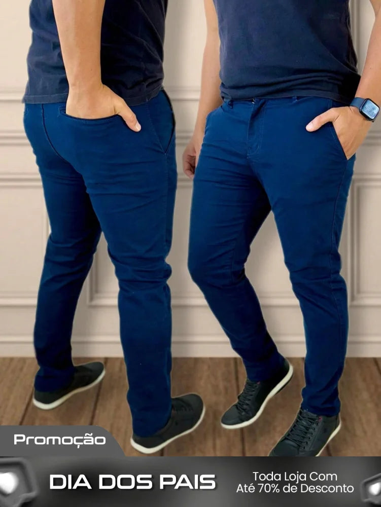Calça Masculina Jeans Slim Fit Costura Contrastante E Lavagem Moderna Azul Marinho / PP Calça Masculina Jeans Slim Fit