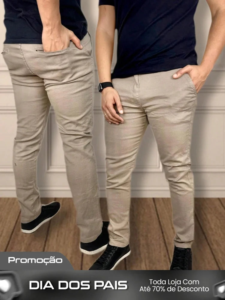 Calça Masculina Jeans Slim Fit Costura Contrastante E Lavagem Moderna Caqui / PP Calça Masculina Jeans Slim Fit Costura