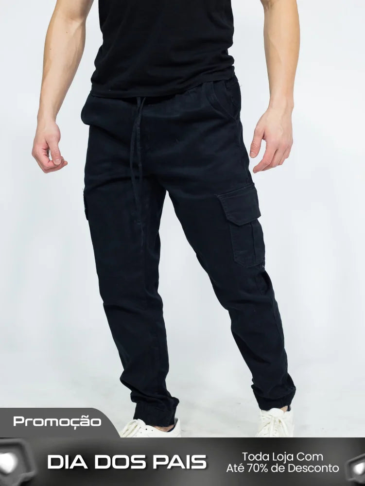 Calça Masculina Jogger Com Bolsos Laterais E Cintura Ajustável Preto / PP Calça Masculina Jogger Com Bolsos Laterais E