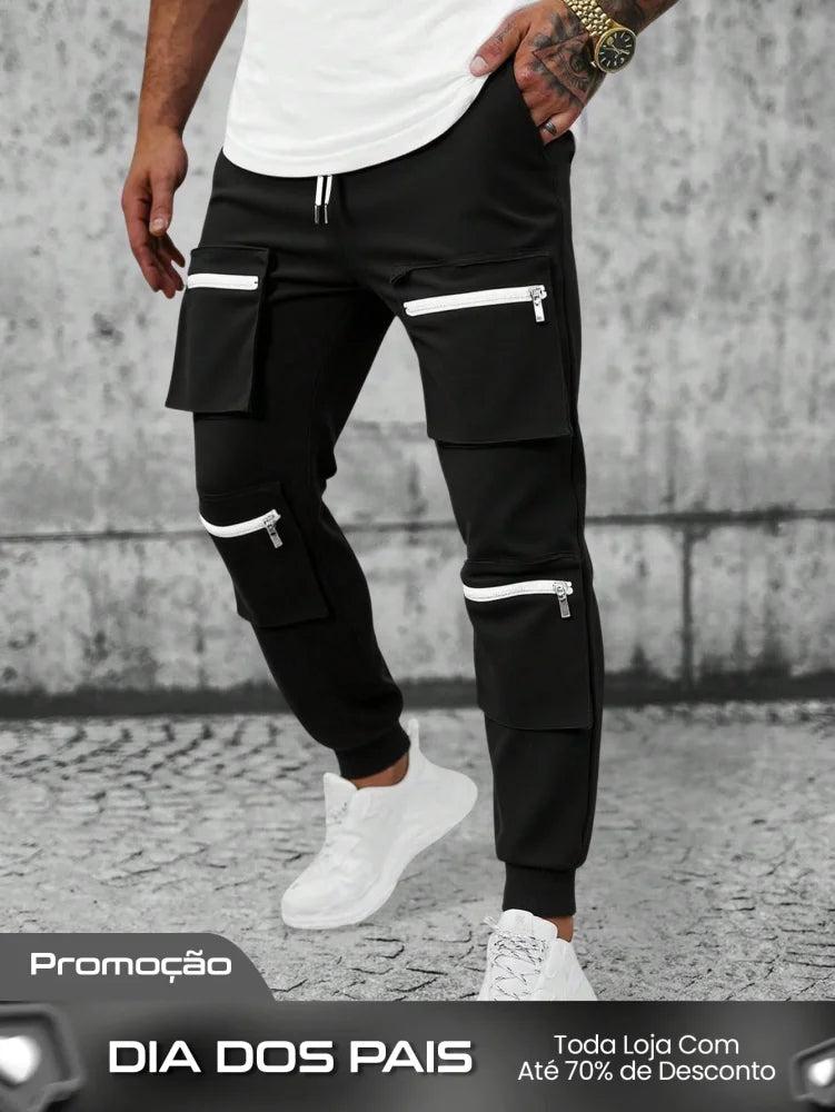 Calça Masculina Jogger Com Zíperes E Design Tático Urbano Preto / PP Calça Masculina Jogger Com Zíperes E Design Tático