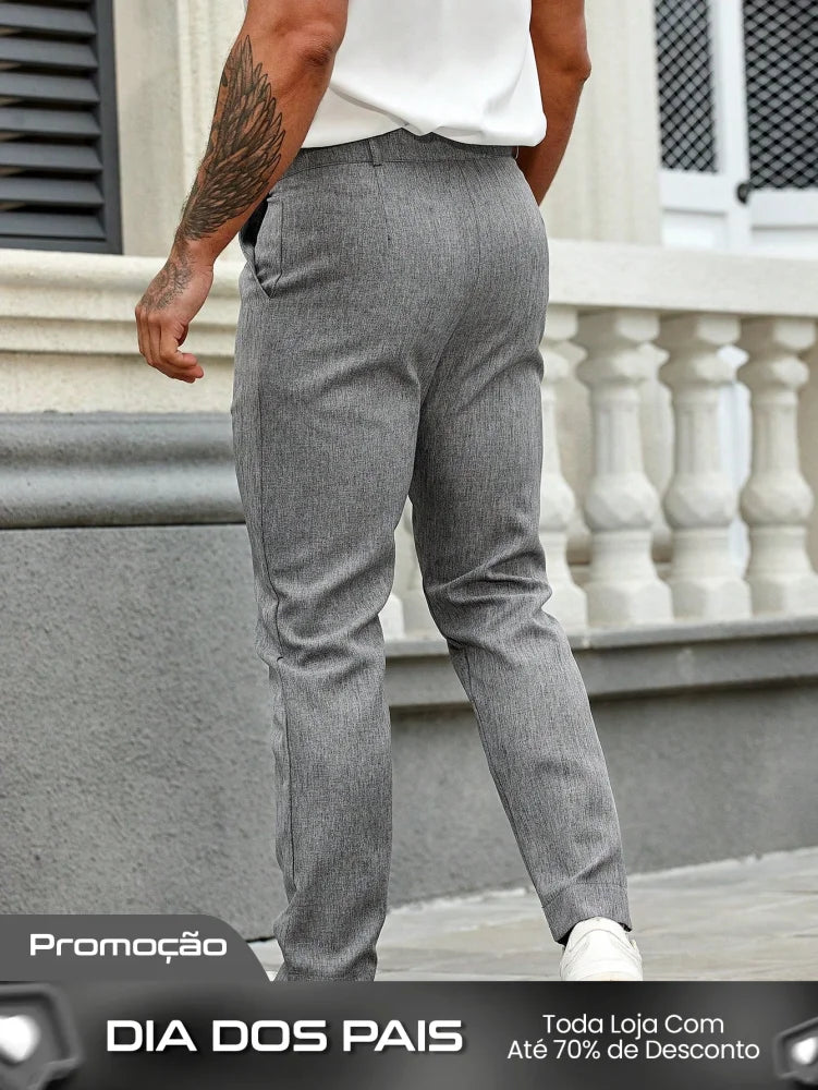 Calça Masculina Social Slim Fit Com Cós Alto E Pregas Frontais Calça Masculina Social Slim Fit Com Cós Alto E Pregas