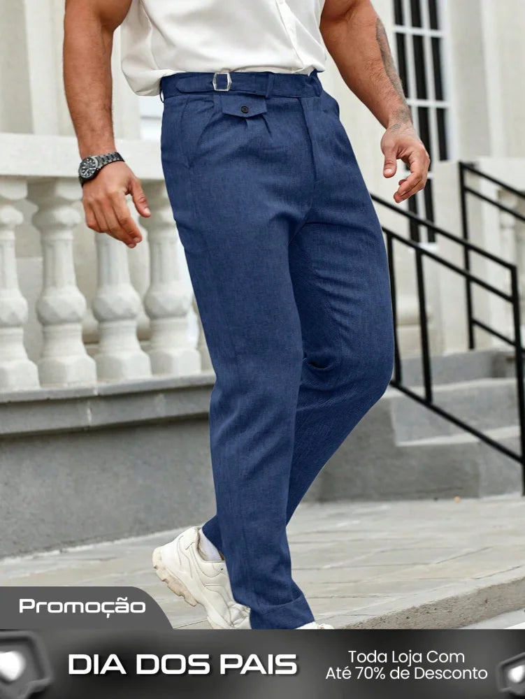 Calça Masculina Social Slim Fit Com Cós Alto E Pregas Frontais Calça Masculina Social Slim Fit Com Cós Alto E Pregas