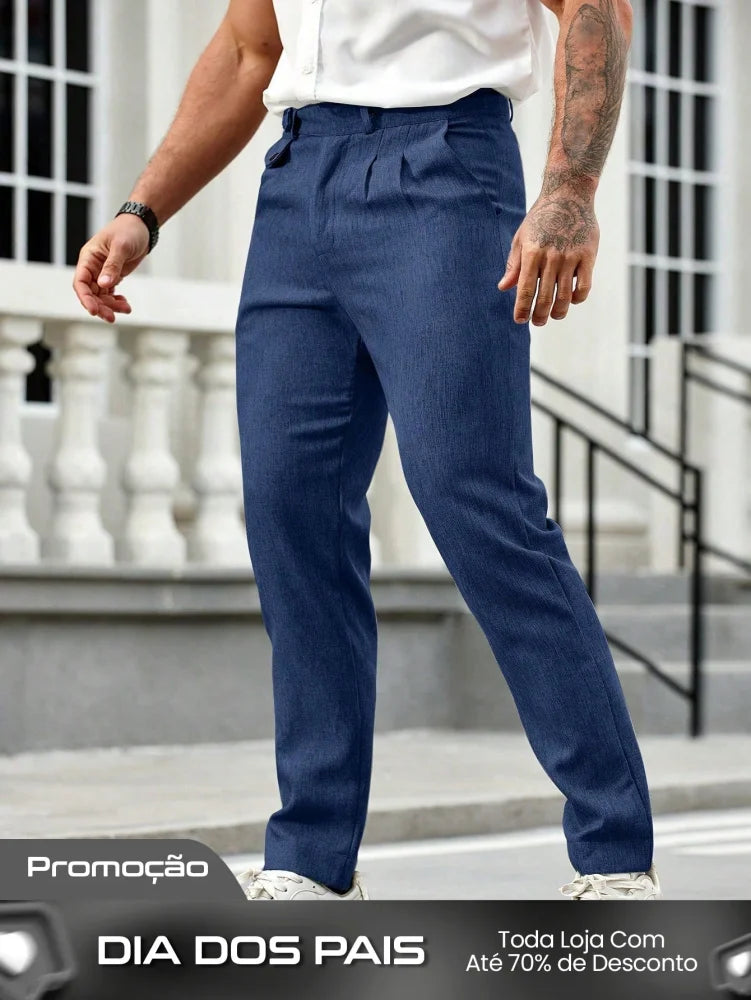 Calça Masculina Social Slim Fit Com Cós Alto E Pregas Frontais Calça Masculina Social Slim Fit Com Cós Alto E Pregas