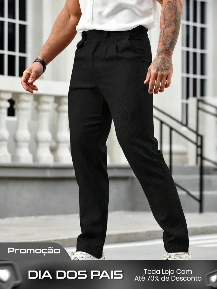 Calça Masculina Social Slim Fit Com Cós Alto E Pregas Frontais Calça Masculina Social Slim Fit Com Cós Alto E Pregas