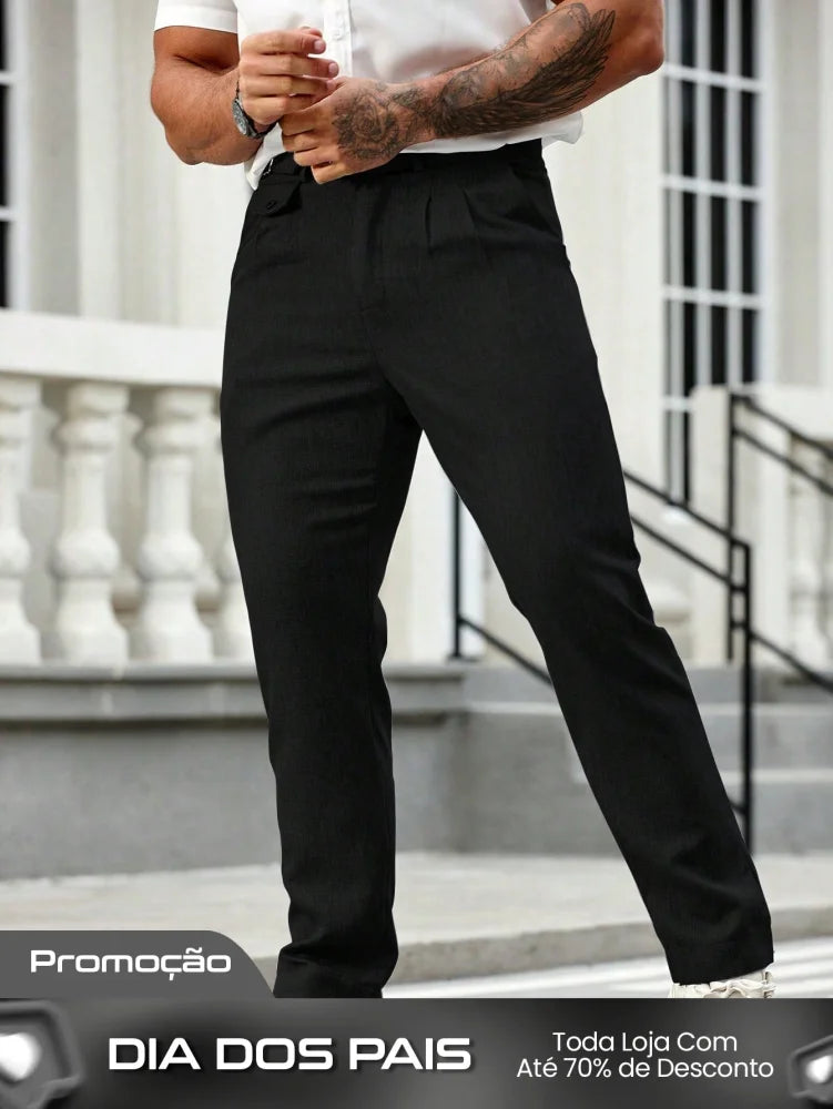 Calça Masculina Social Slim Fit Com Cós Alto E Pregas Frontais Calça Masculina Social Slim Fit Com Cós Alto E Pregas