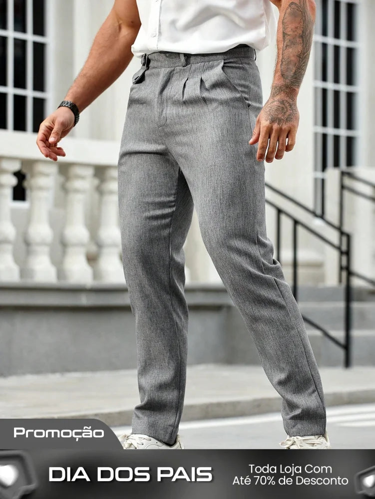 Calça Masculina Social Slim Fit Com Cós Alto E Pregas Frontais Calça Masculina Social Slim Fit Com Cós Alto E Pregas