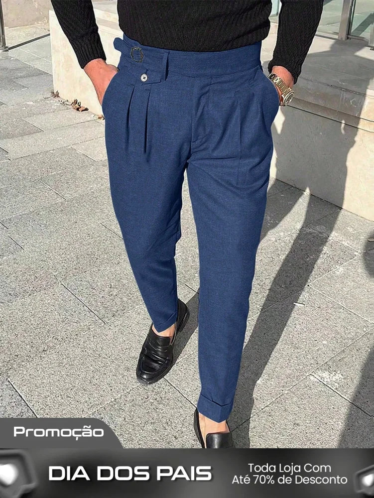 Calça Masculina Social Slim Fit Com Cós Alto E Pregas Frontais Azul Marinho / PP Calça Masculina Social Slim Fit Com