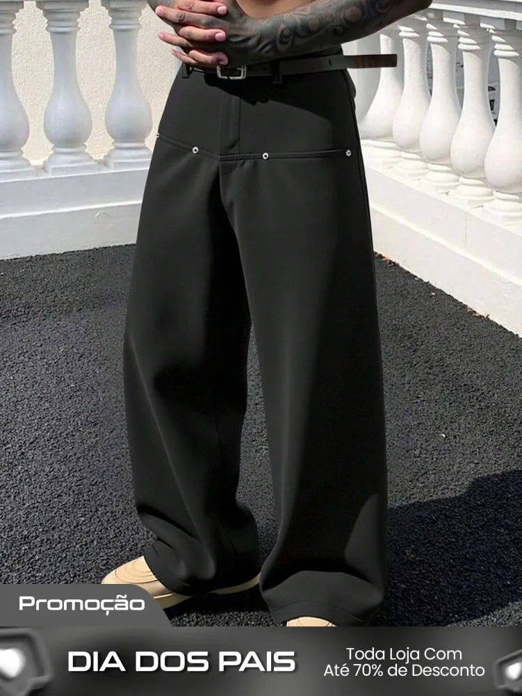 Calça Masculina Wide Leg Alfaiatada Com Caimento Elegante Preto / PP Calça Masculina Wide Leg Alfaiatada Com Caimento