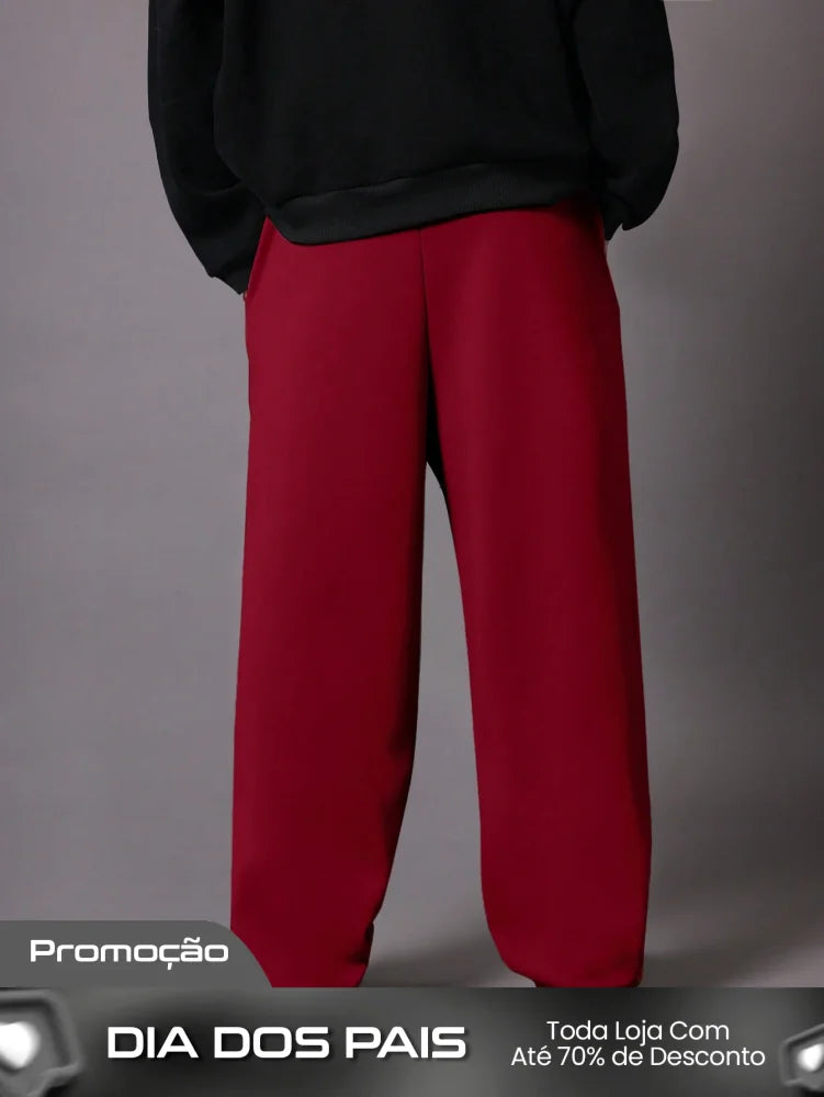 Calça Masculina Wide Leg Com Bordado Estilizado E Cós Ajustável Calça Masculina Wide Leg Com Bordado Estilizado E Cós