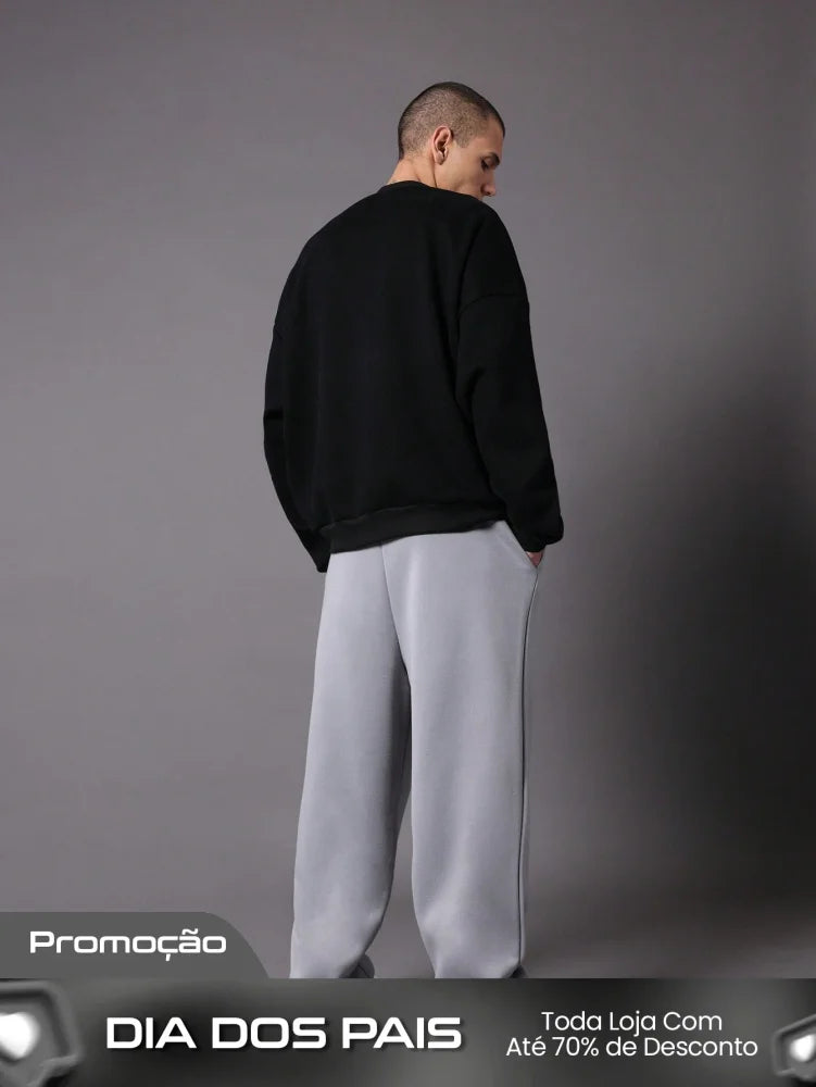 Calça Masculina Wide Leg Com Bordado Estilizado E Cós Ajustável Calça Masculina Wide Leg Com Bordado Estilizado E Cós