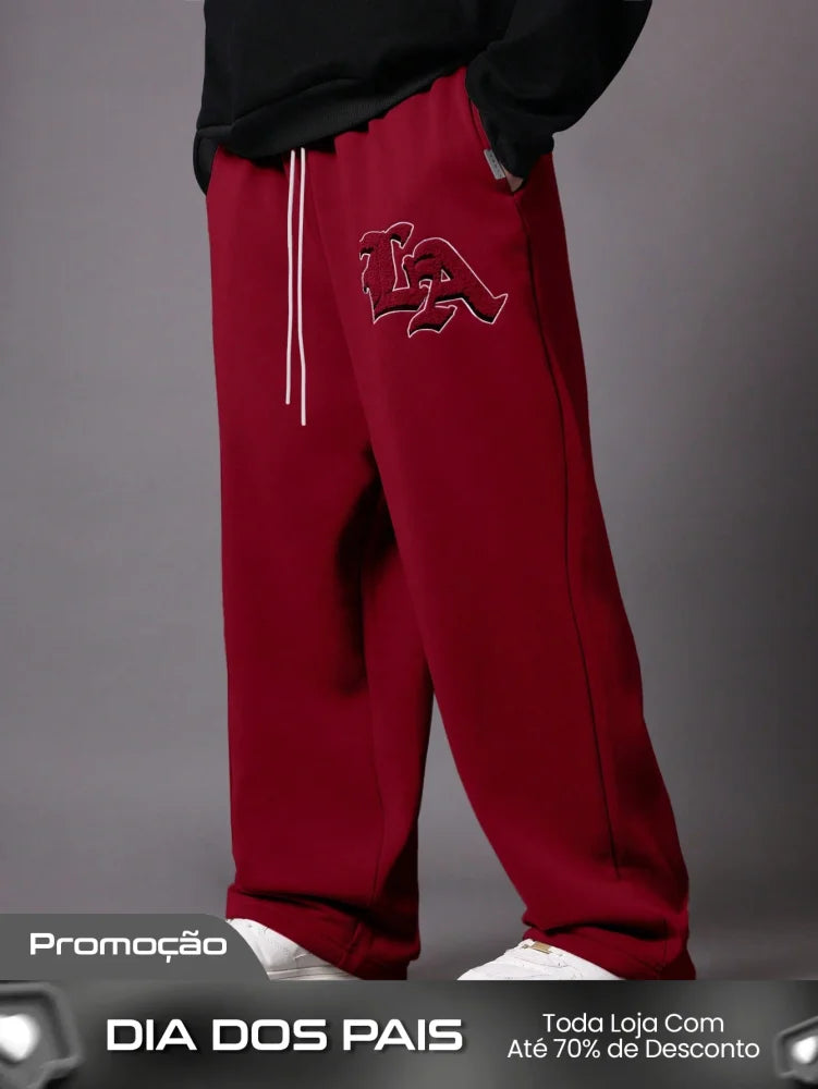 Calça Masculina Wide Leg Com Bordado Estilizado E Cós Ajustável Vinho / PP Calça Masculina Wide Leg Com Bordado
