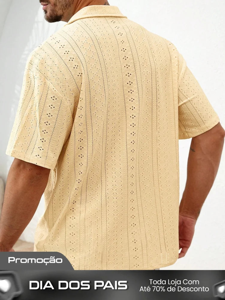 Camisa Masculina Botão Estilo Tropical Tecido Vazado Camisa Masculina Botão Estilo Tropical Tecido Vazado