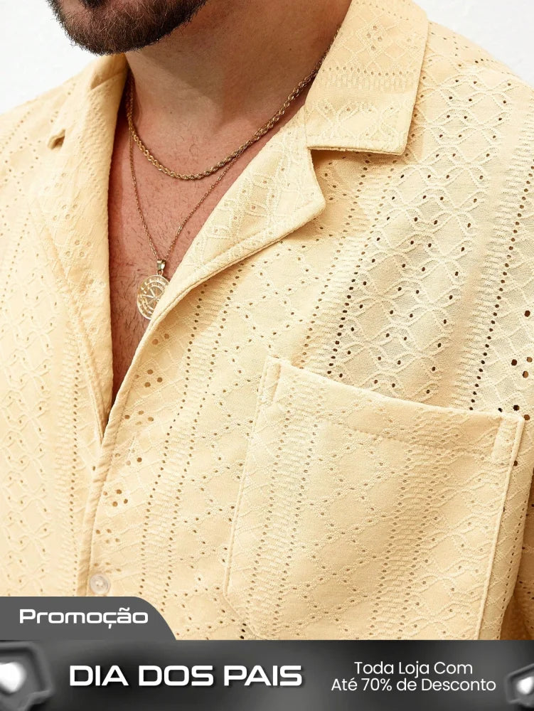 Camisa Masculina Botão Estilo Tropical Tecido Vazado Camisa Masculina Botão Estilo Tropical Tecido Vazado