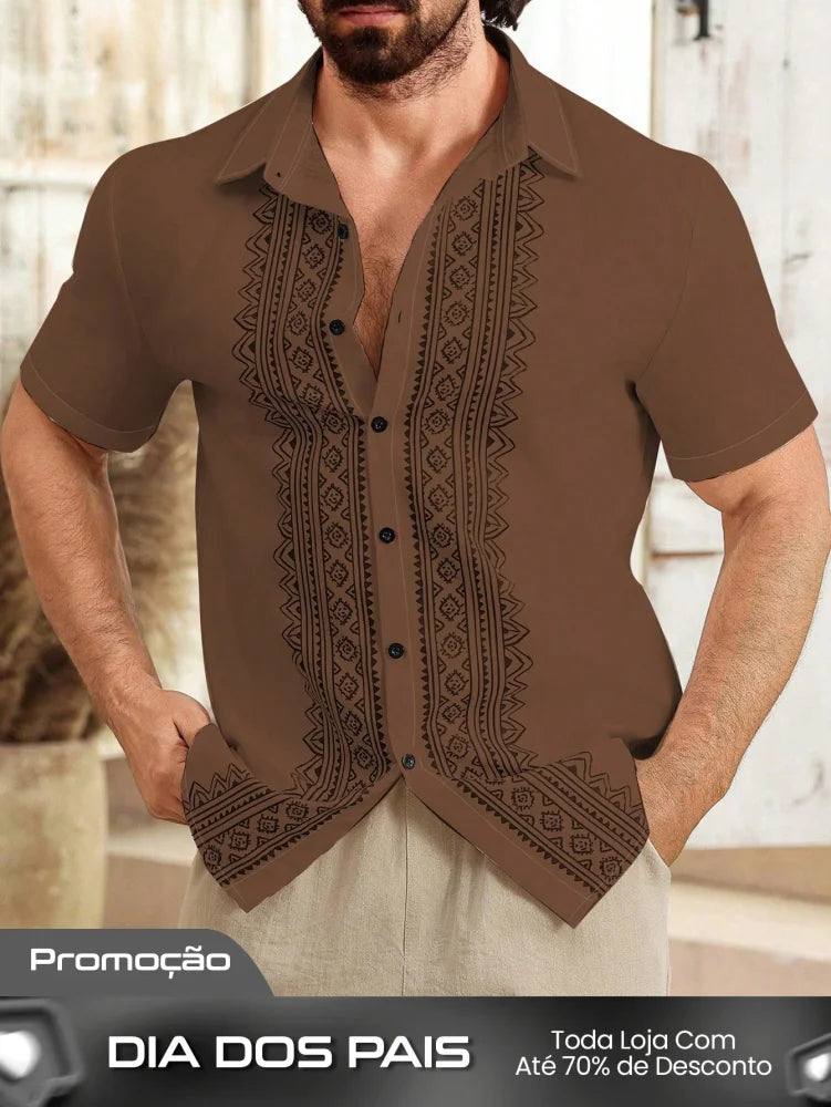 Camisa Masculina De Botão Bordado Étnico Estilo Refinado Camisa Masculina De Botão Bordado Étnico Estilo Refinado