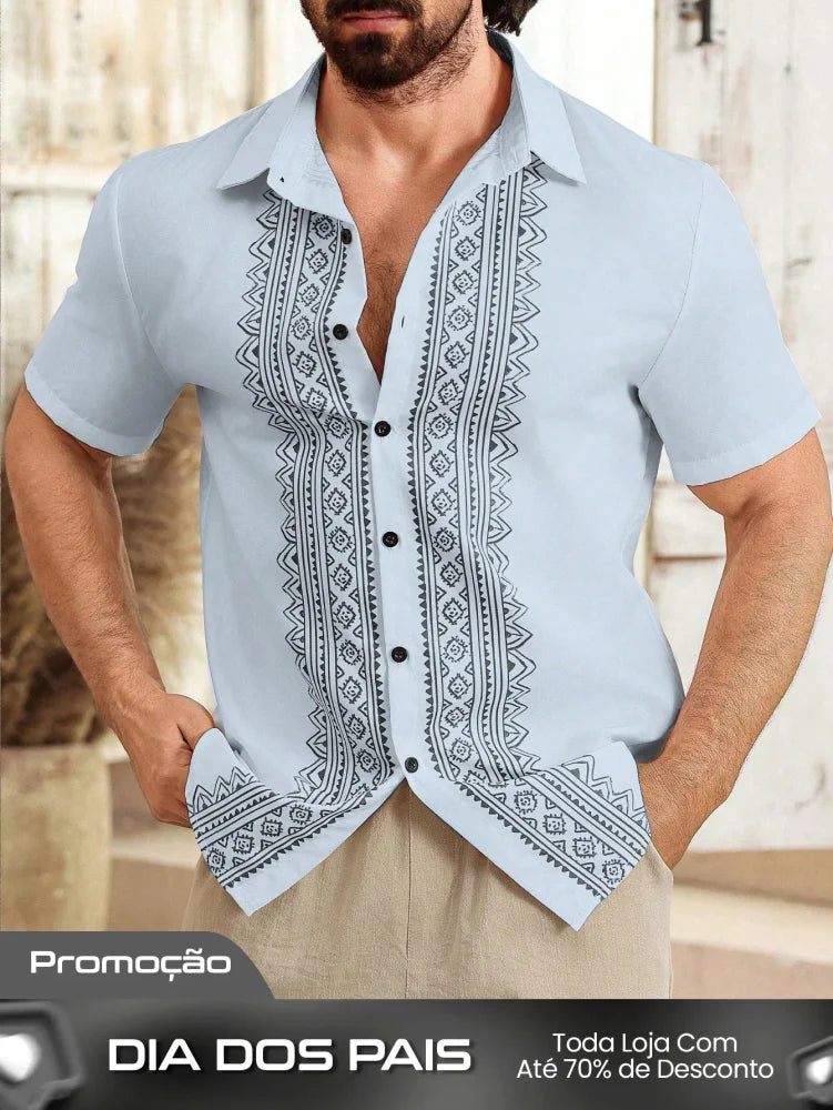 Camisa Masculina De Botão Bordado Étnico Estilo Refinado Camisa Masculina De Botão Bordado Étnico Estilo Refinado