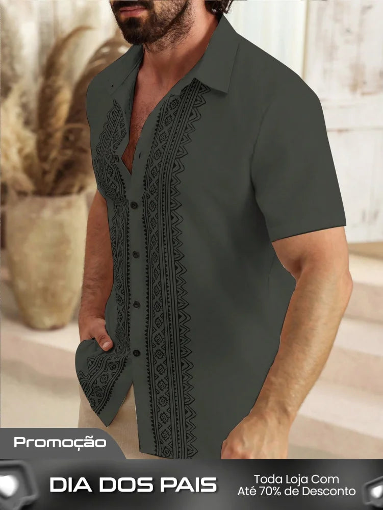 Camisa Masculina De Botão Bordado Étnico Estilo Refinado Camisa Masculina De Botão Bordado Étnico Estilo Refinado