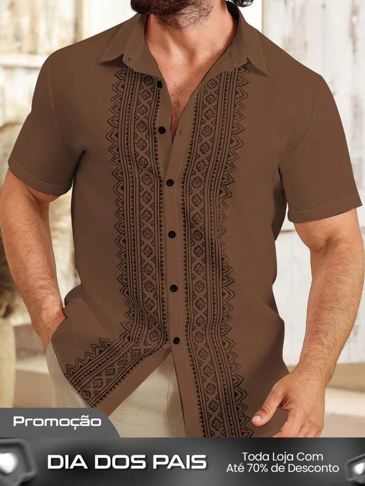 Camisa Masculina De Botão Bordado Étnico Estilo Refinado Marrom / PP Camisa Masculina De Botão Bordado Étnico Estilo