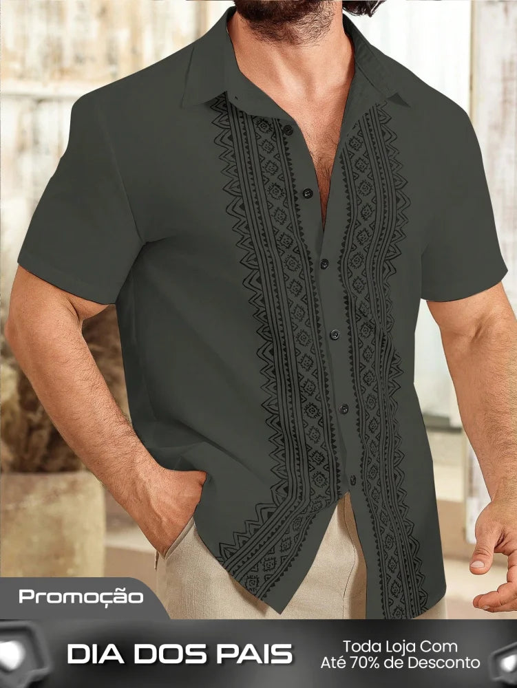 Camisa Masculina De Botão Bordado Étnico Estilo Refinado Verde Escuro / PP Camisa Masculina De Botão Bordado Étnico