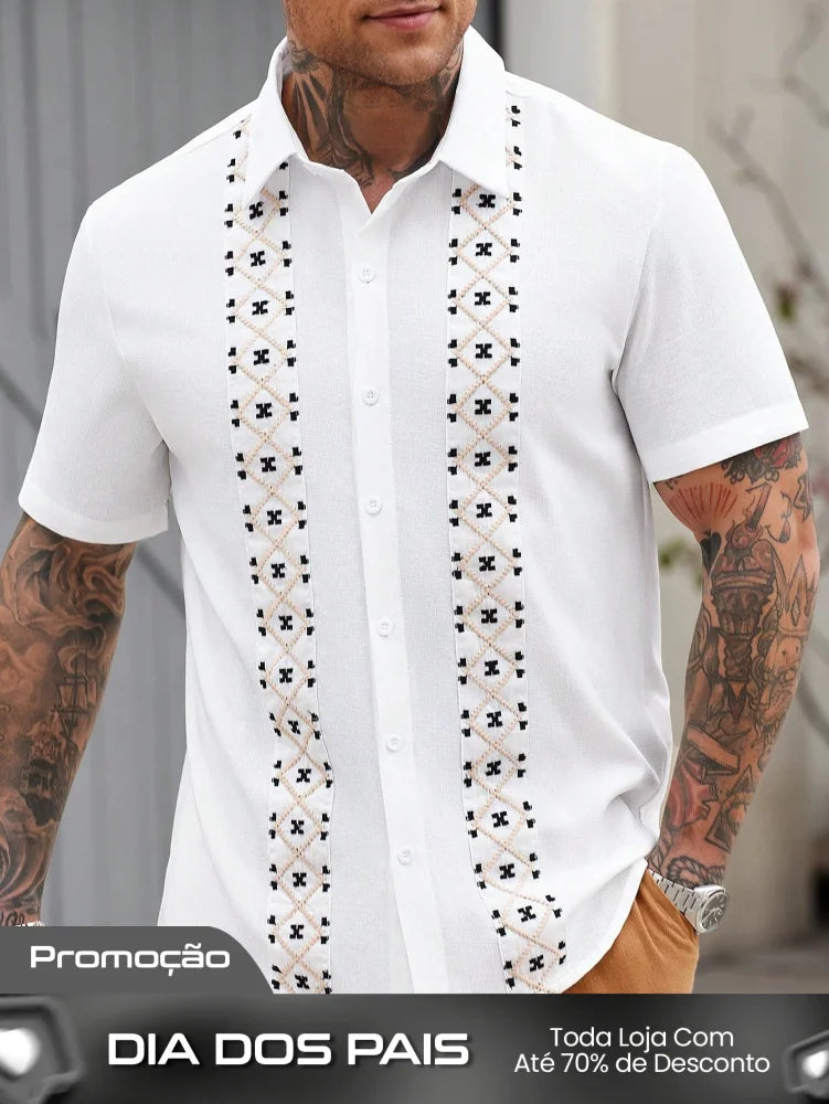 Camisa Masculina De Botão Bordado Étnico Visual Autêntico Camisa Masculina De Botão Bordado Étnico Visual Autêntico