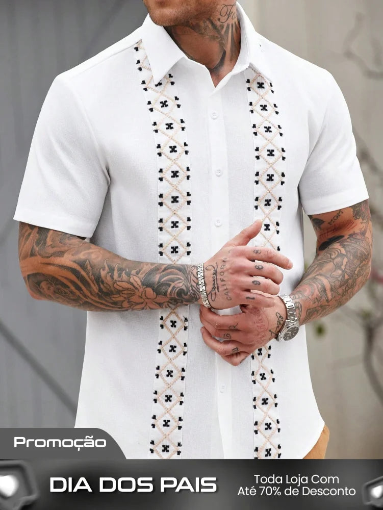 Camisa Masculina De Botão Bordado Étnico Visual Autêntico Camisa Masculina De Botão Bordado Étnico Visual Autêntico