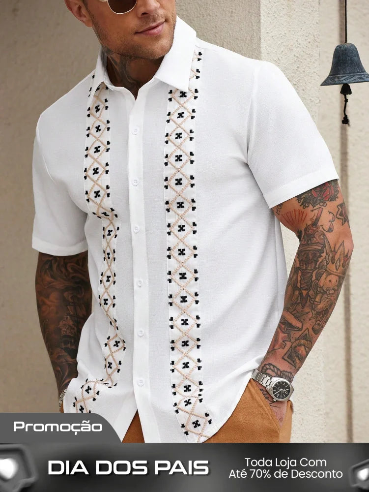 Camisa Masculina De Botão Bordado Étnico Visual Autêntico Branco / PP Camisa Masculina De Botão Bordado Étnico Visual