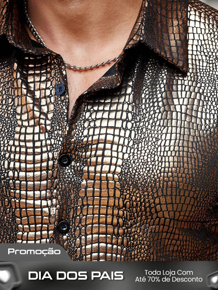 Camisa Masculina De Botão Brilhante Estampa Animal Luxuosa Camisa Masculina De Botão Brilhante Estampa Animal Luxuosa
