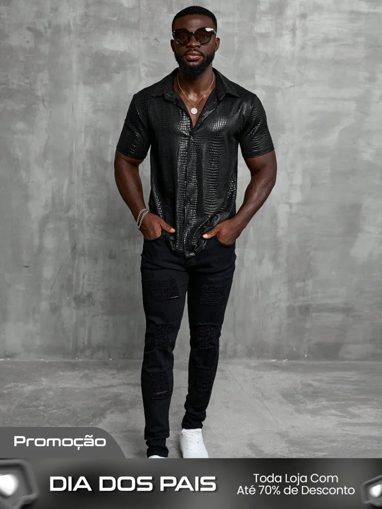Camisa Masculina De Botão Brilhante Estampa Animal Luxuosa Camisa Masculina De Botão Brilhante Estampa Animal Luxuosa