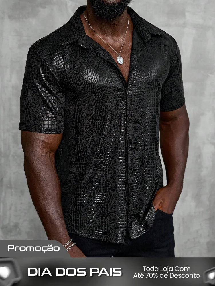 Camisa Masculina De Botão Brilhante Estampa Animal Luxuosa Preto / PP Camisa Masculina De Botão Brilhante Estampa