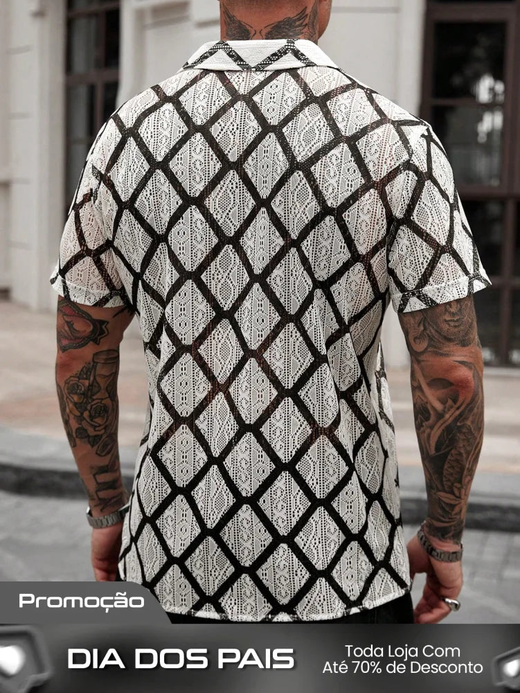 Camisa Masculina De Botão Estampa Geométrica Visual Impactante Camisa Masculina De Botão Estampa Geométrica Visual